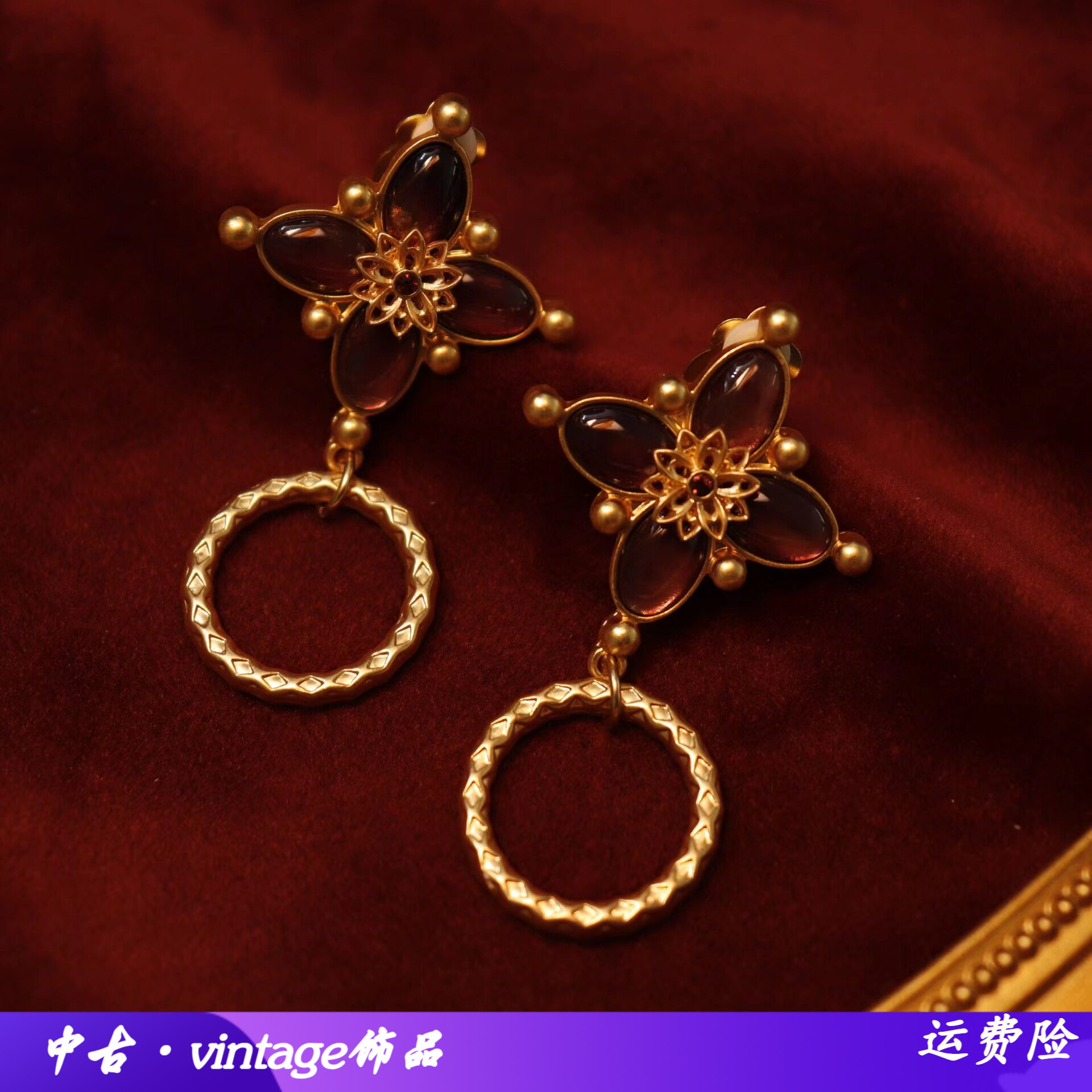 复古宫廷风耳夹中古轻奢橙色花朵