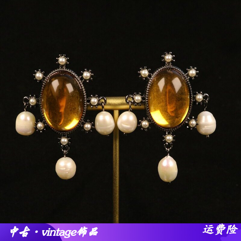 法式复古琥珀色琉璃养殖珍珠耳饰