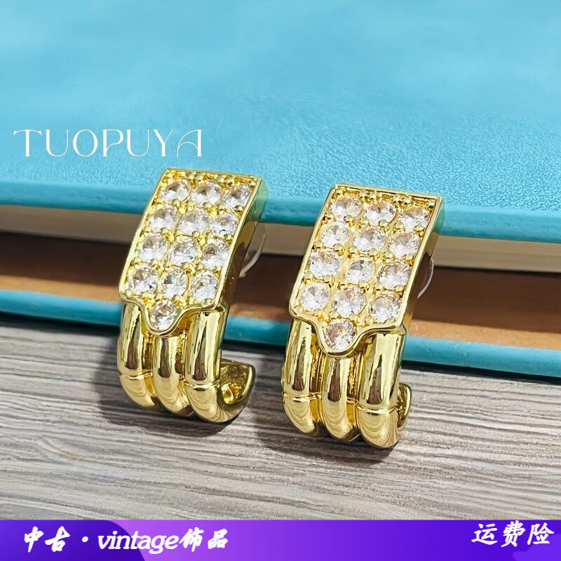 中古法式满钻宽面耳扣复古金波浪