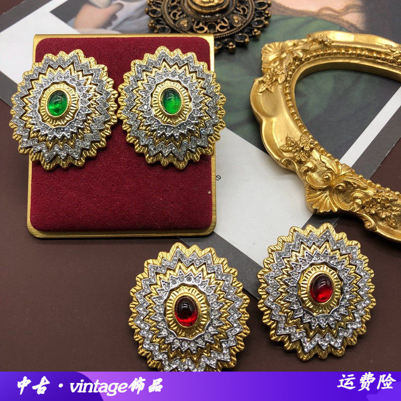 欧美重工双色镀真金复古耳饰红绿