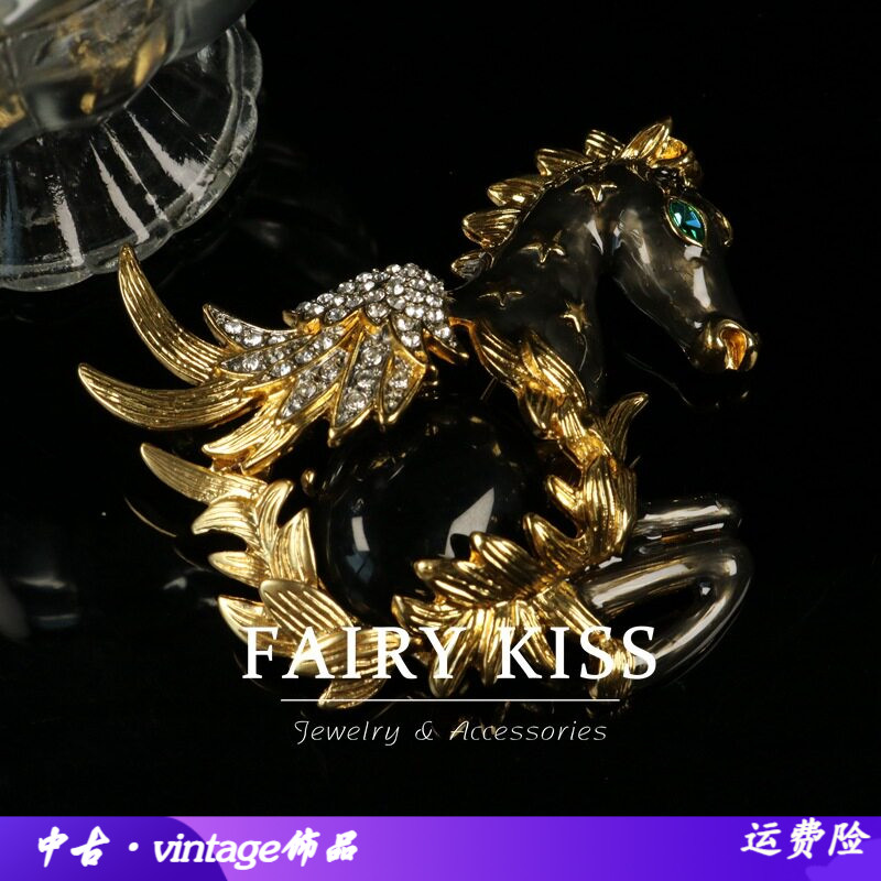 中古胸针珐琅镶钻镀真金黑色天马