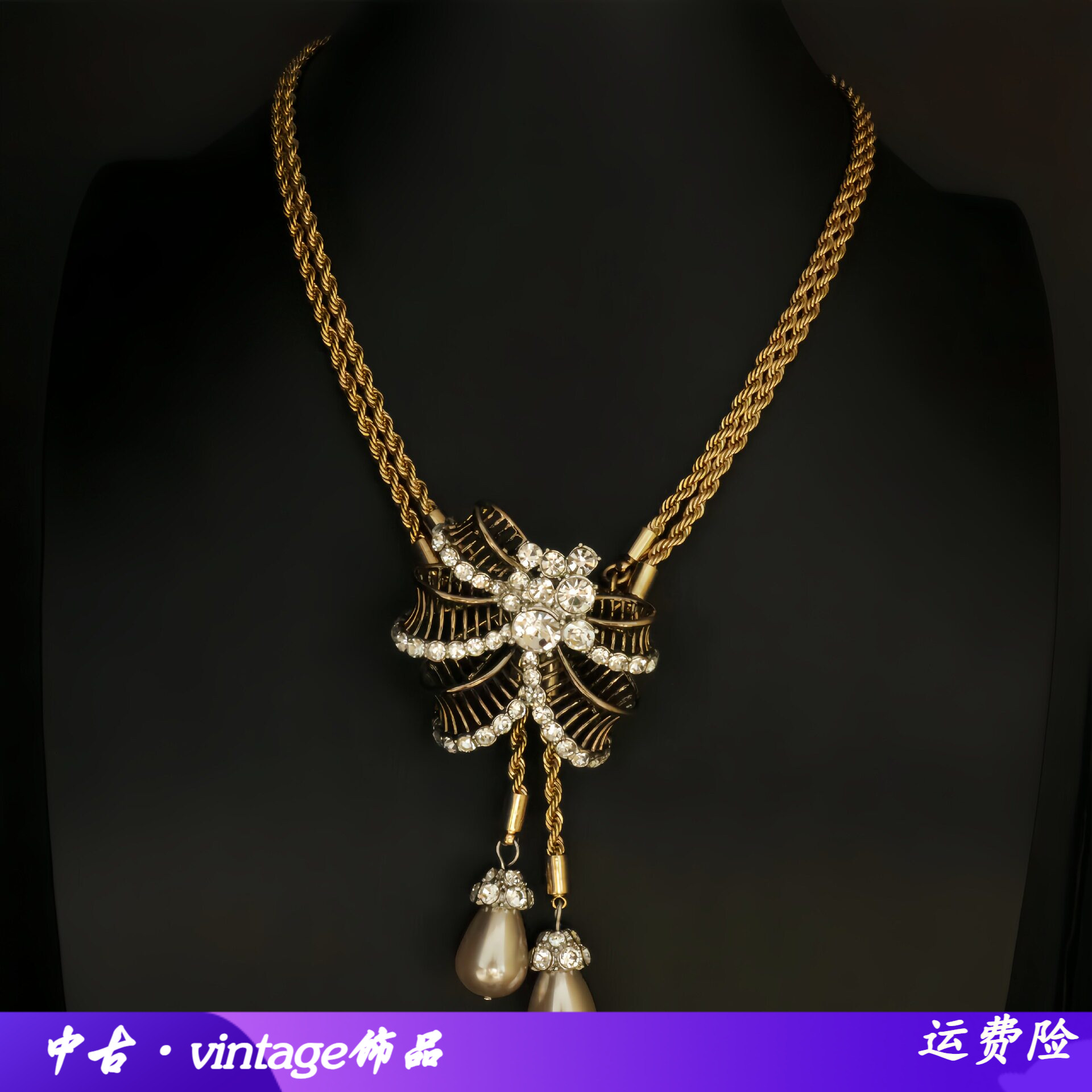 欧美镂空蝴蝶结吊坠项链水钻镶嵌