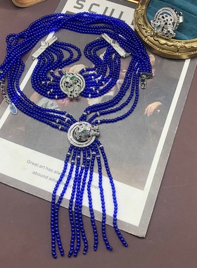 复古铜材质立体豹子设计多层蓝色琉璃珠串珠项链手链戒指百搭套装