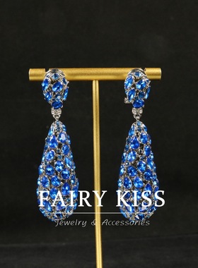 2025中古精致奢华大气镂空密镶满钻蓝色水滴夸张耳环气质银针