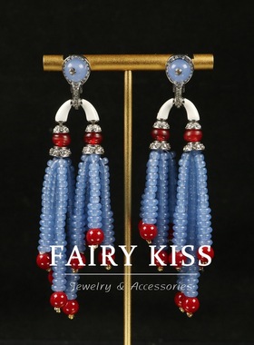 中古新款蓝色米珠手工串珠珐琅流苏镶钻耳环扫肩长款百搭气质耳坠