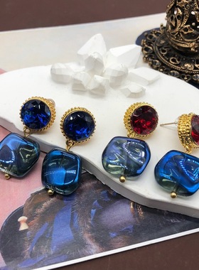 西洋中古琉璃耳钉蓝色红色宝石方块琉璃耳环镀真金雾金百搭耳饰