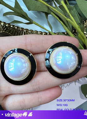 西洋中古镀真金经典黑白滴釉红宝石琉璃银针耳钉耳夹复古宫廷耳饰