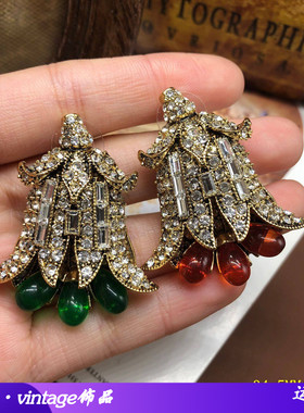 中古设计感镶钻ab面红色绿色耳环新款气质独特耳钉轻奢时尚优雅