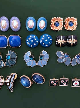 神秘蓝色银针耳钉椭圆耳钉蝴蝶款银针耳钉复古宫廷风耳钉