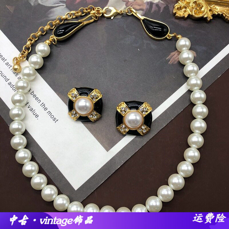 中古西洋经典黑色滴釉镶钻气质耳