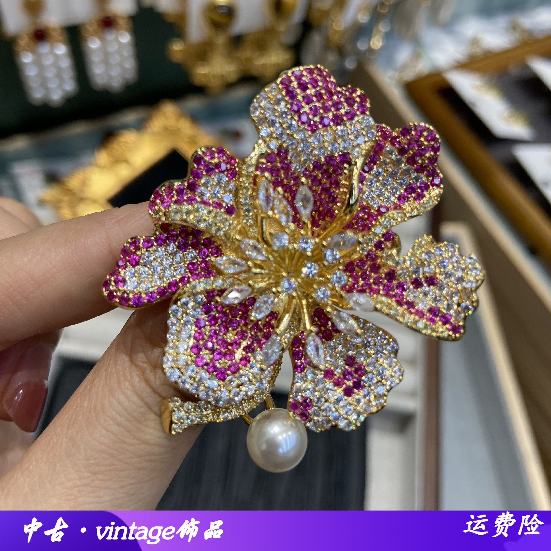 韩版新款奢华闪耀拼色玫红锆石花