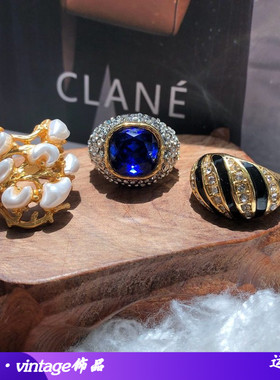 中古着重工镶钻珐琅釉戒指切面宝