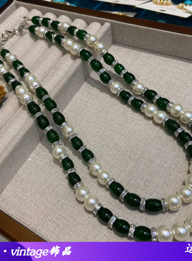 新中式双层绿色琉璃串珠珍珠项链