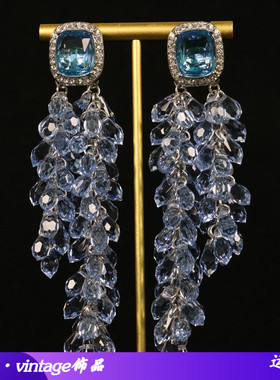 轻奢蓝色水晶长款扫肩清新甜美时尚莱茵石耳钉个性设计高级感耳饰