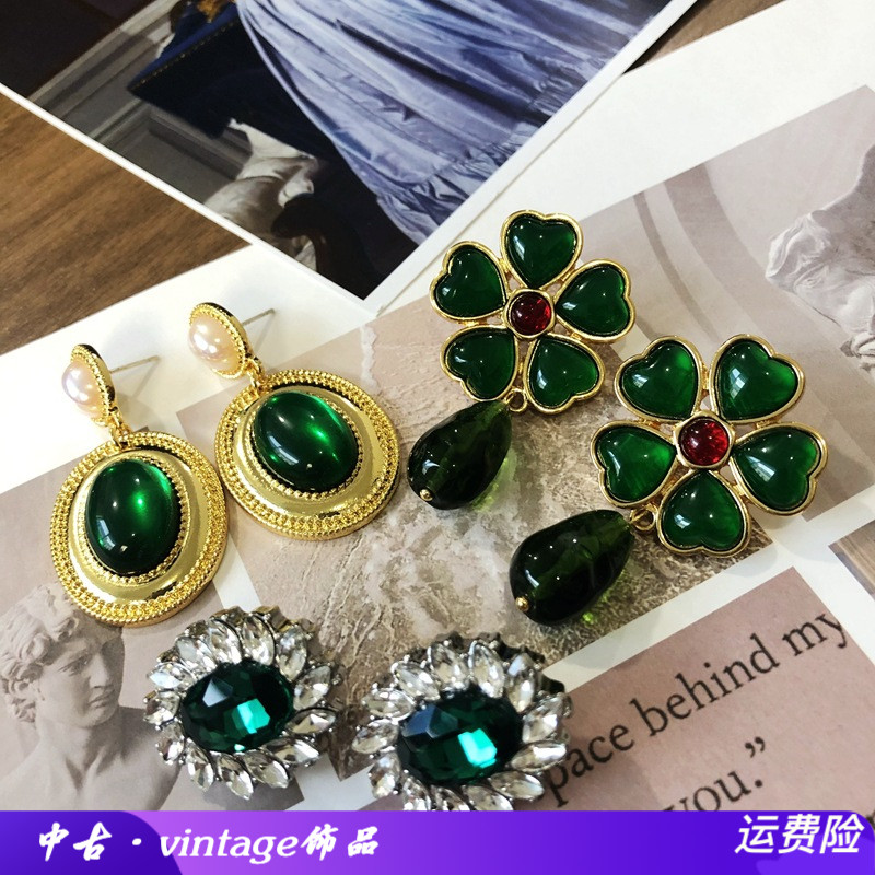 新款电镀真金中古祖母绿宝石马彩贝耳环琉璃水滴珍珠银针耳钉全新