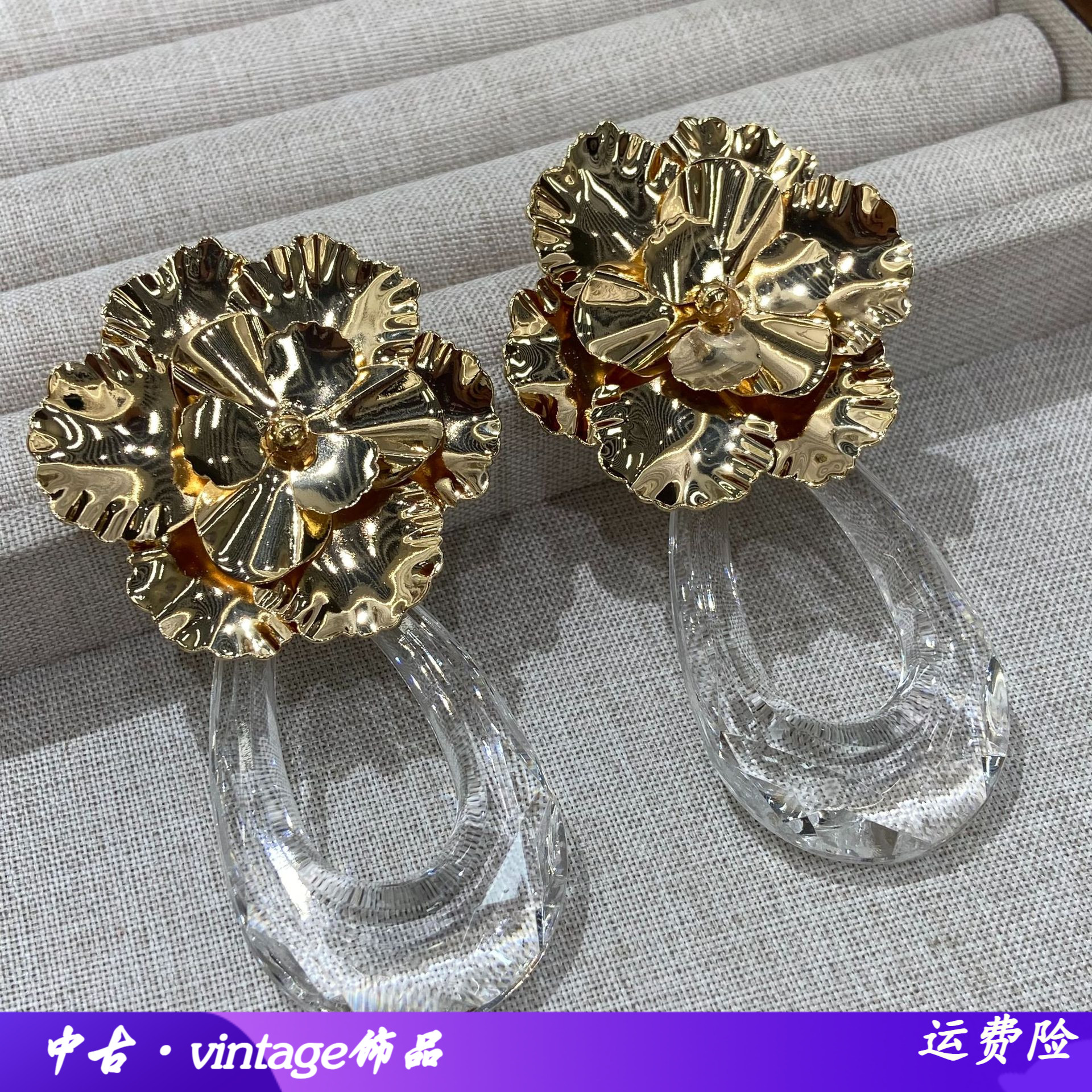 法式复古亮面金花耳坠多层金属花