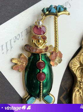 立体绿色珐琅釉小丑胸针西洋中古风彩色石头元素西服礼服别针