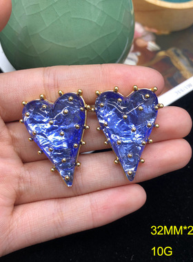 复古时尚潮流耳饰可爱心形蓝色草莓银针耳钉镀真金豆豆百搭饰品女