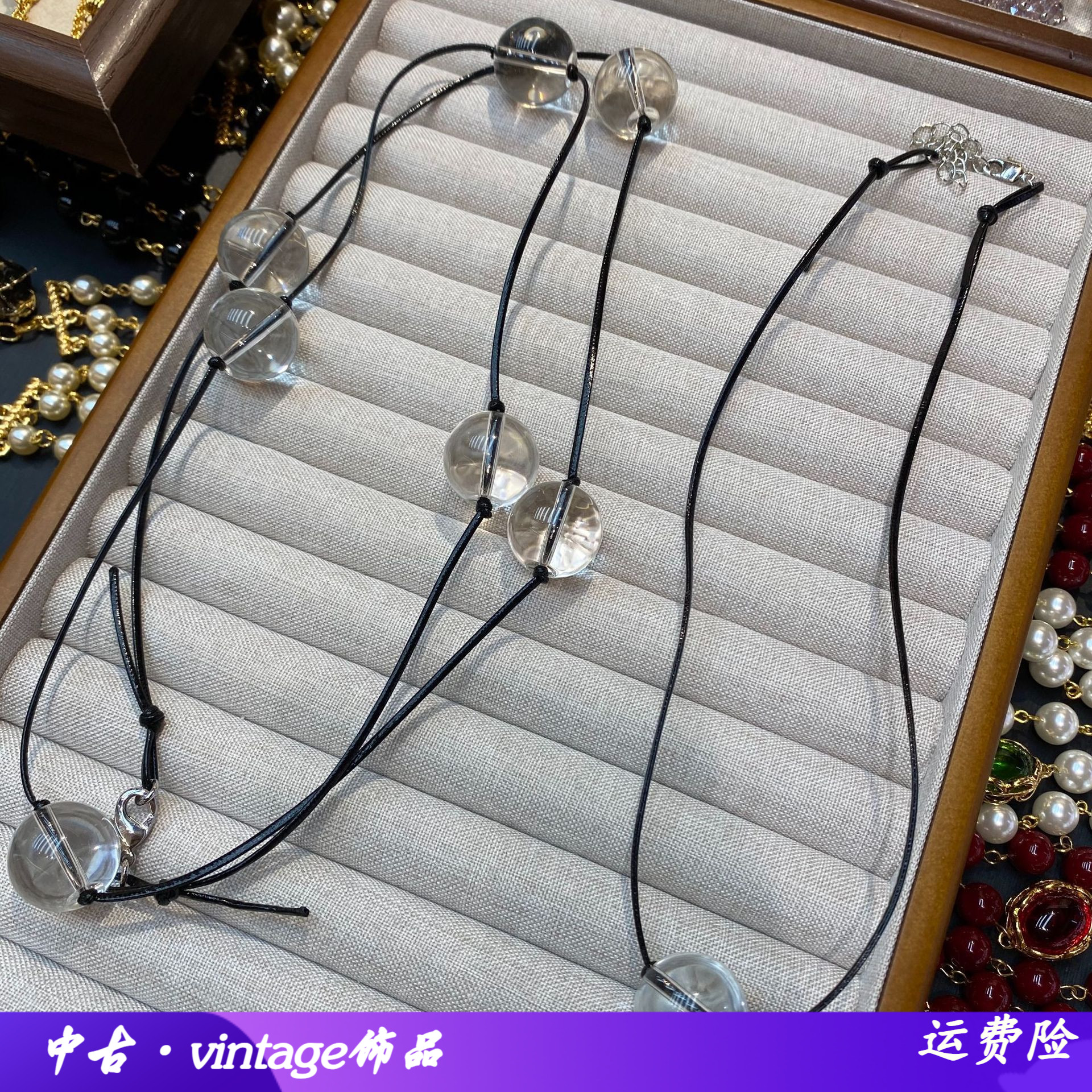 简约黑绳白水晶圆珠项链可调节抽