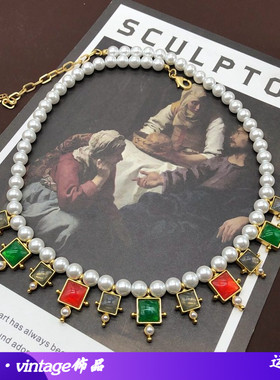 vintage项链复古祖母绿中国红方