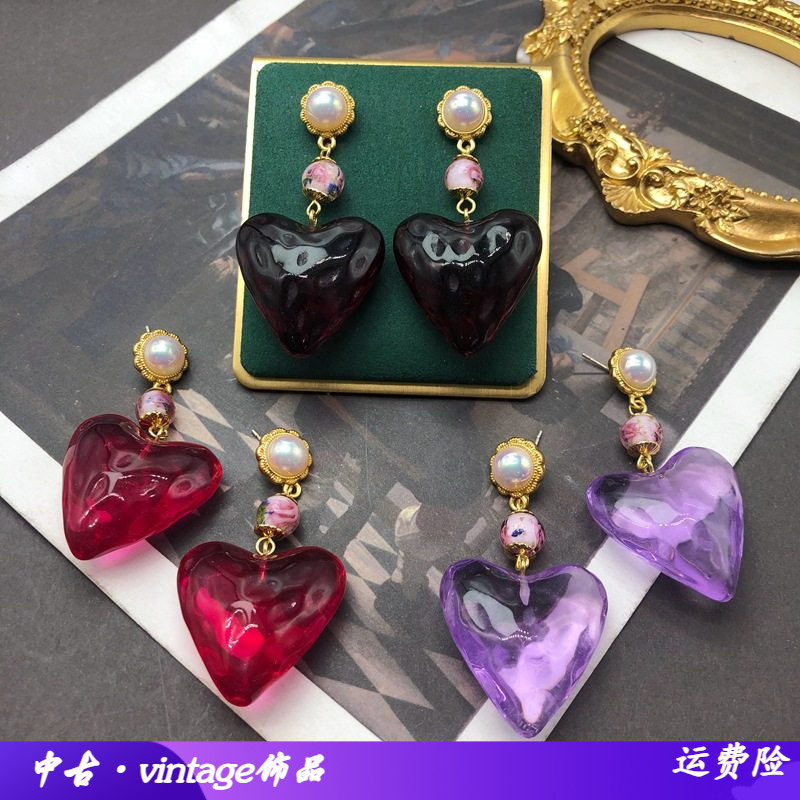 西洋中古彩色爱心吊坠耳环马彩贝琉璃印花珠元素高级感轻奢耳环