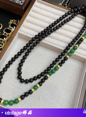 新中式黑色琉璃串珠项链绿玉隔珠复古高级感天然石黑玛瑙毛衣链女