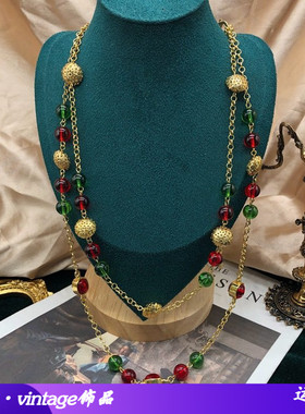 vin'tage双面双层红绿色琉璃透明几何圆形项链镂空花毛衣链