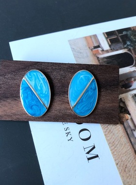 个性神秘蓝色S银针耳钉椭圆方形滴釉珐琅几何形状复古耳饰