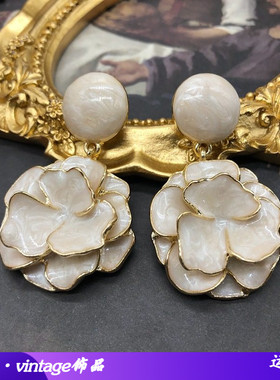 西洋中古耳饰乳白色珐琅釉花朵耳环电镀真金高级感设计气质耳钉