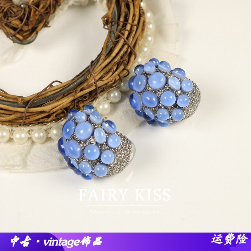 中古蓝色耳环设计感铜蜡镶锆石高