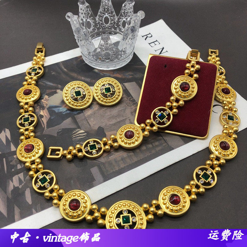 新款 西洋中古重工复古雕刻花纹镶钻琉璃小众设计项链手链套装