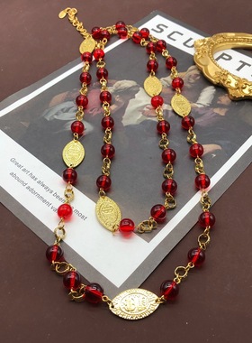 电镀真金长款红色绿色琉璃圆珠项