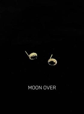MOON ONER 法式黑色宝石镶嵌椭圆几何925s纯银耳针耳饰