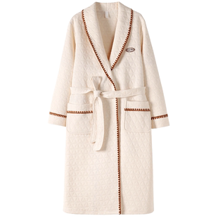 睡袍女士春秋纯棉夹层长袖浴袍冬季秋冬女款加厚空气棉家居服晨袍