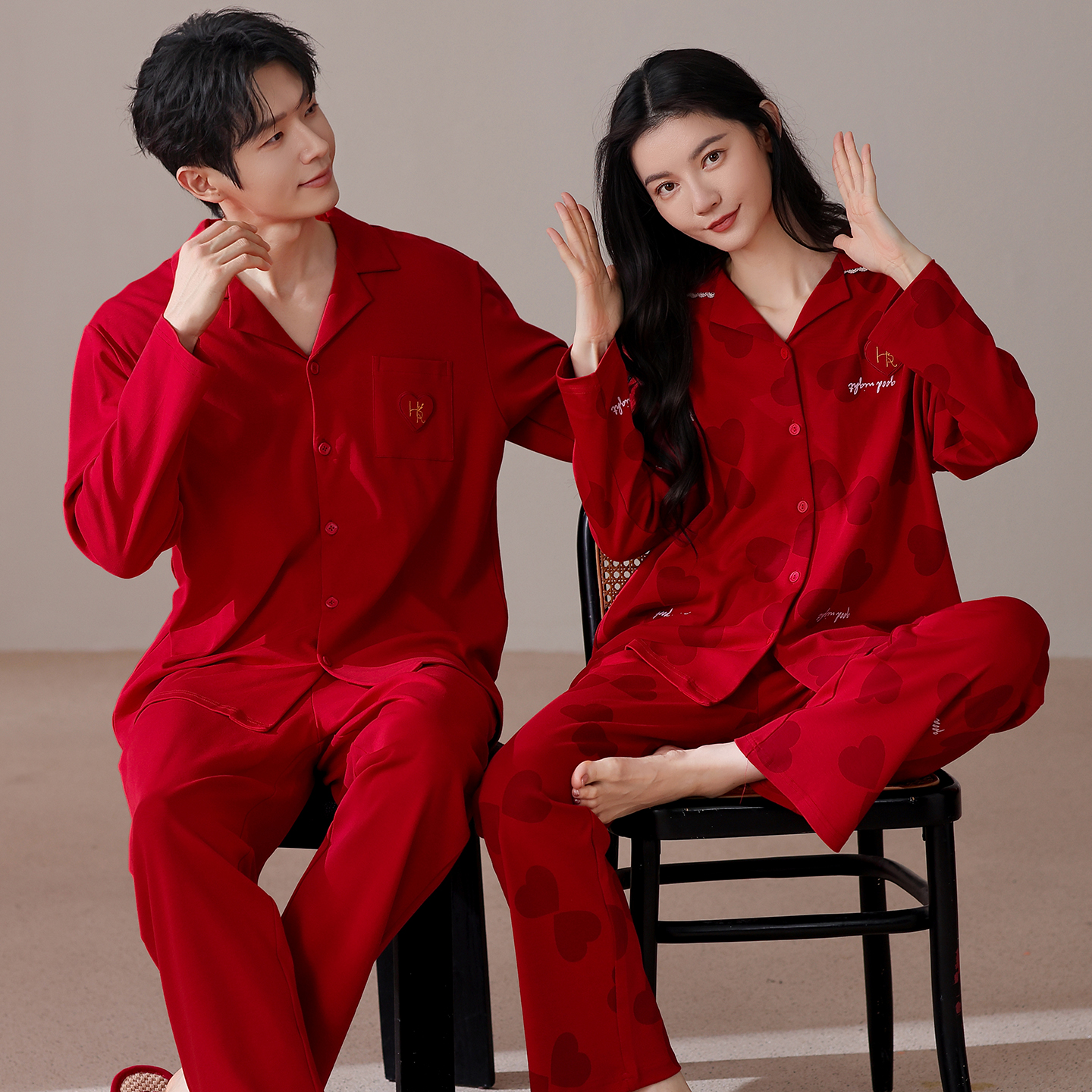 马年红色睡衣结婚新婚情侣套装婚礼纯棉女款春秋家居服男士本命年