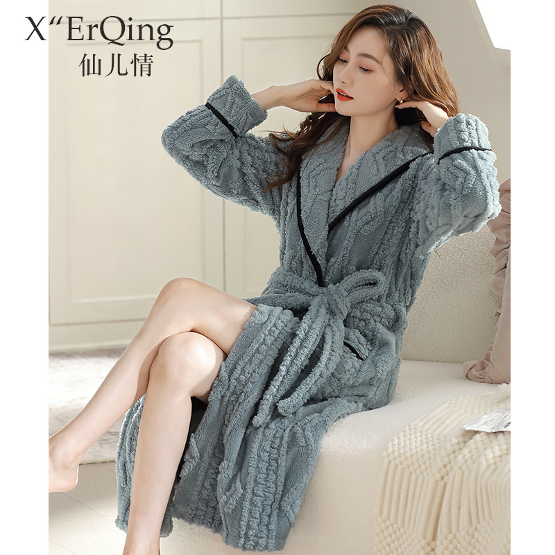 睡袍女睡衣浴袍秋冬款冬季中长款法兰绒加厚加绒珊瑚绒保暖家居服