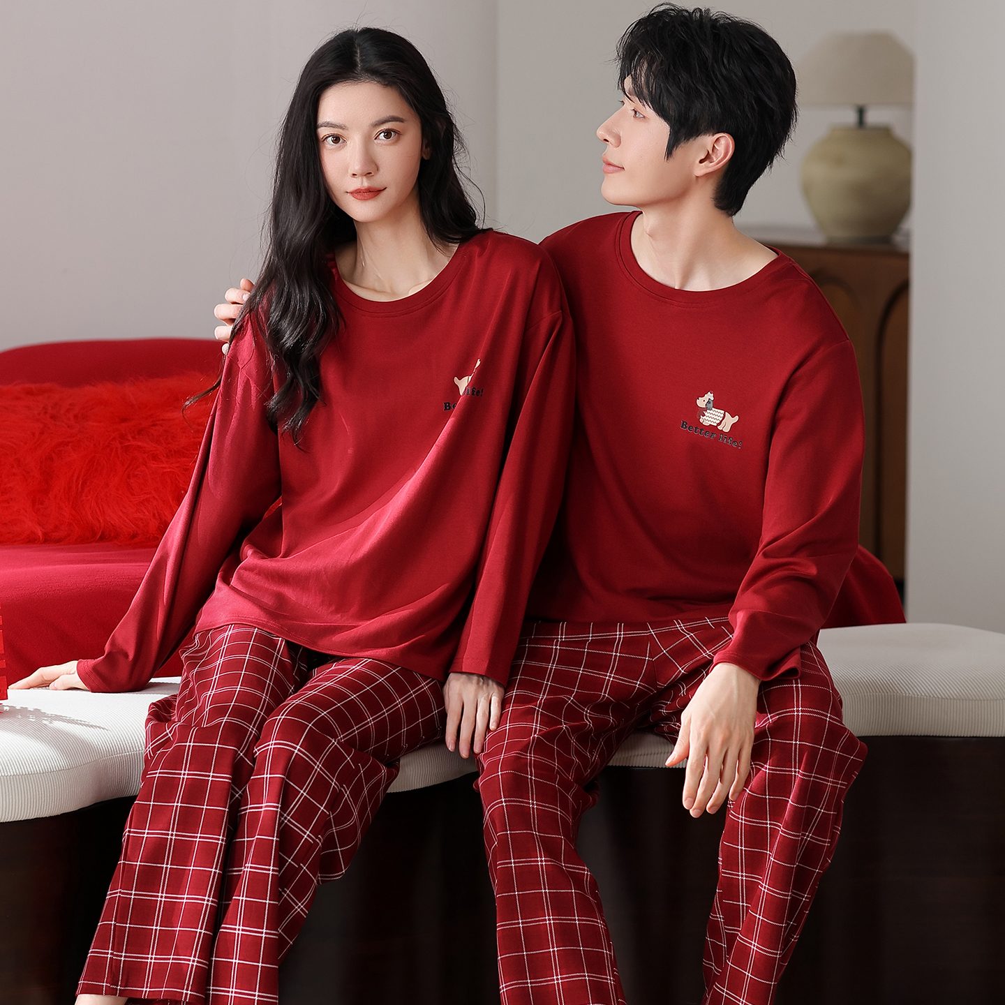 2026新款全棉情侣睡衣女款春秋季纯棉男结婚新婚红色本命年家居服