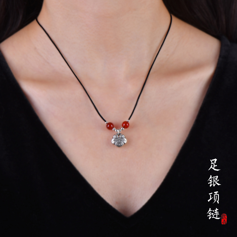999足银平安锁转运珠天然玛瑙黑绳项链女纯银编织锁骨链招财福袋