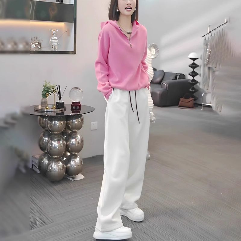 2025开春穿搭一整套超火套装减龄粉色连帽上衣白色阔腿裤两件套女