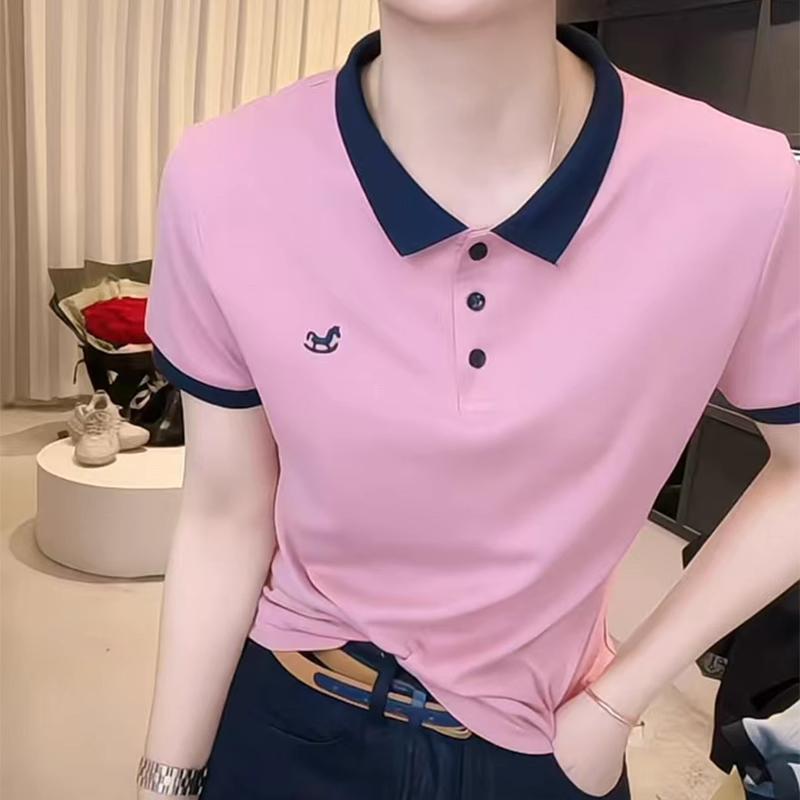 撞色POLO领粉色正肩短袖T恤女2025夏季新款修身显瘦气质体恤上衣