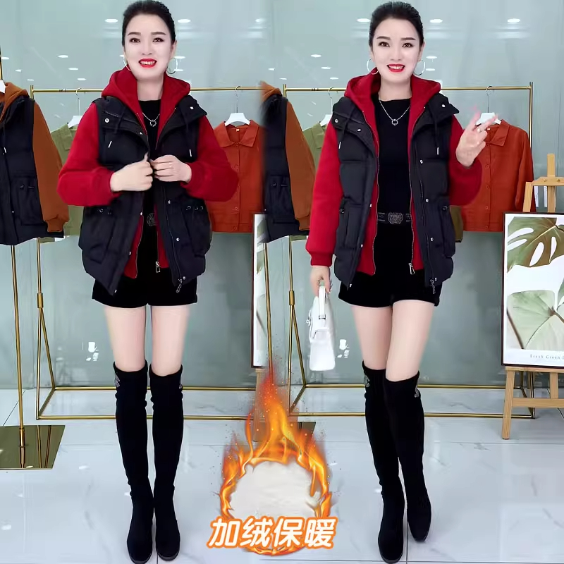 加绒加厚时尚休闲假两件连帽羽绒棉服女2025冬季新款宽松保暖外套