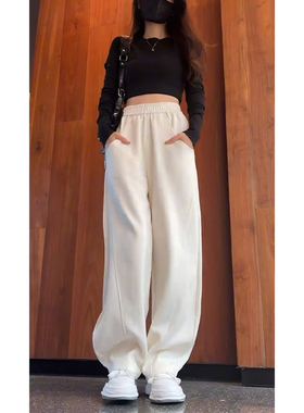 加绒白色运动裤子女秋冬季加厚2026新款爆款休闲卫裤弯刀香蕉裤