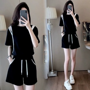 女2025夏季 高腰短裤 新款 小个子爆款 两件套 露肩短袖 休闲运动服套装