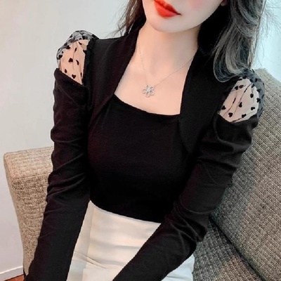新款方领露肩网纱拼接长袖t恤打底衫女设计感小众法式纯欲风上衣