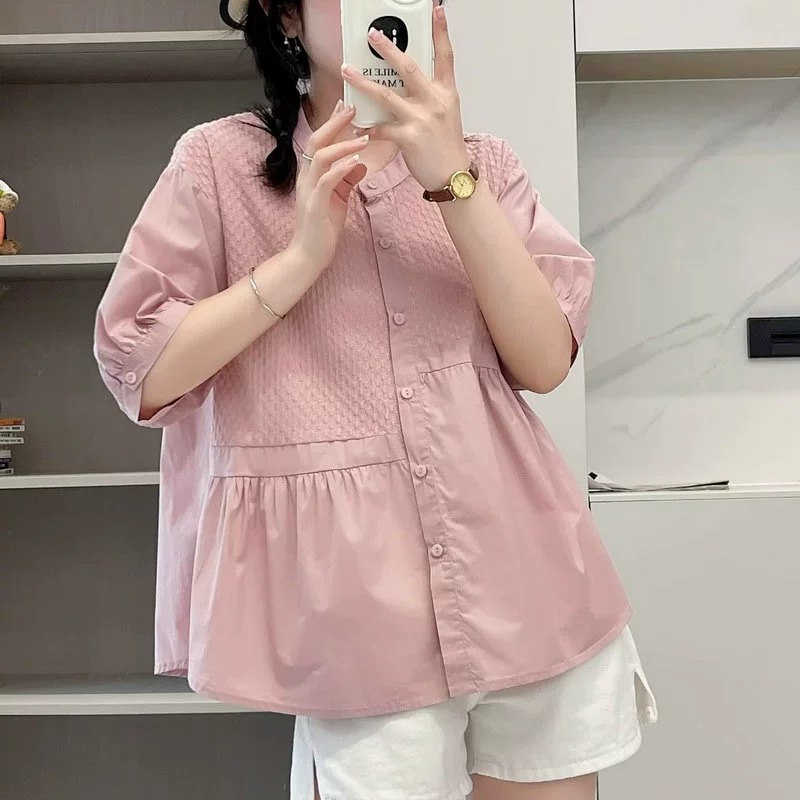 宽松显瘦短袖衬衫女2025年夏季新款收腰a字娃娃衫韩版小清新衬衣