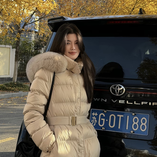 配腰带可拆帽子可拆真狐狸毛毛领 暖羽绒服外套 25303 FRESH THE