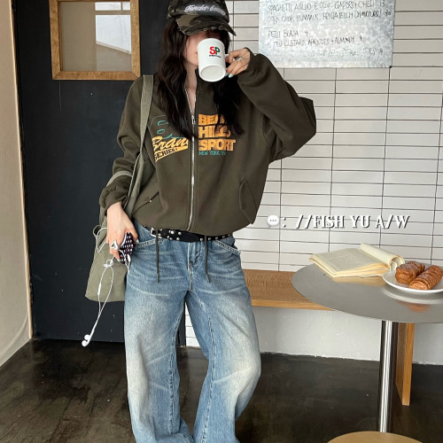 FISH YU -复古字母白墨印花立领双头拉链短款抽绳卫衣外套626636