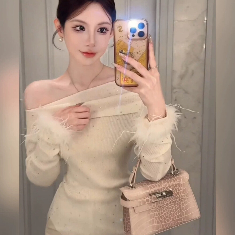 MS.T STUDIO-冬上新气质一字肩显瘦修身针织衫(配可拆卸袖毛)7292