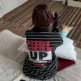 条纹宽松POLO衫 FISH 复古前后字母发泡印花长袖 25521 新美式