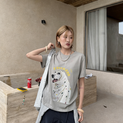 More..有熊-夏上新圆领宽松狗子印花短袖T恤8882